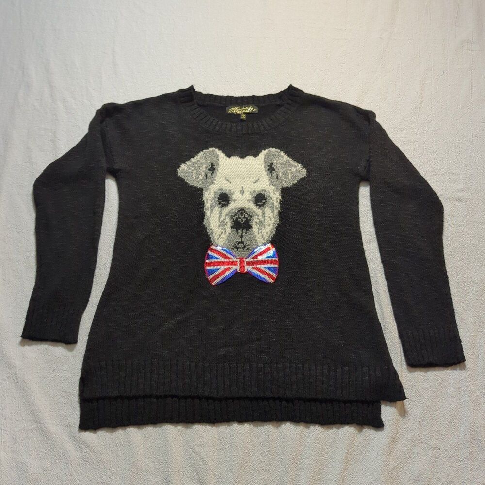 Absolutely Famous Black Sweater – Size Small, Loose Fit with Dog & British Bowti